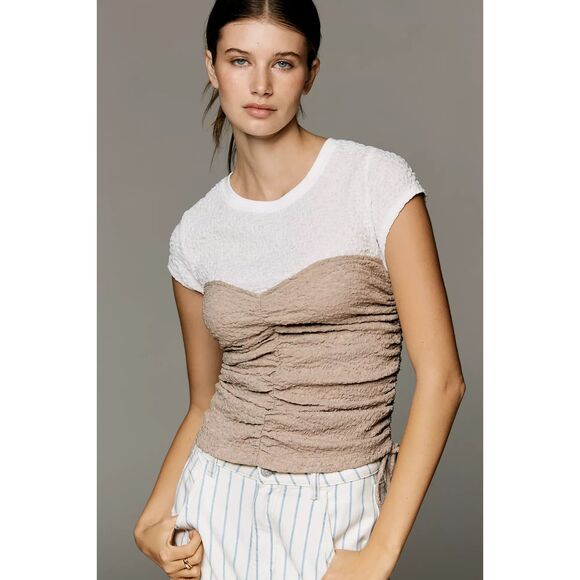 Anthropologie Tops - Anthropologie Maeve Ruched Corset Short-Sleeve Top Sesame/White SZ S NWT Coastal